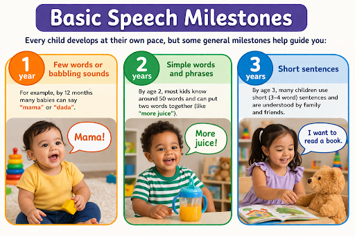 Basic speech milestones chart showing child development stages at 1, 2, and 3 years with real children examples